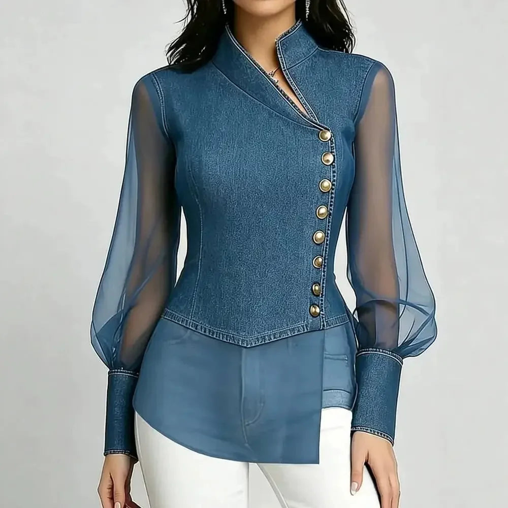 Blue women's denim-look organza mesh blouse with gold-button front and stand collar