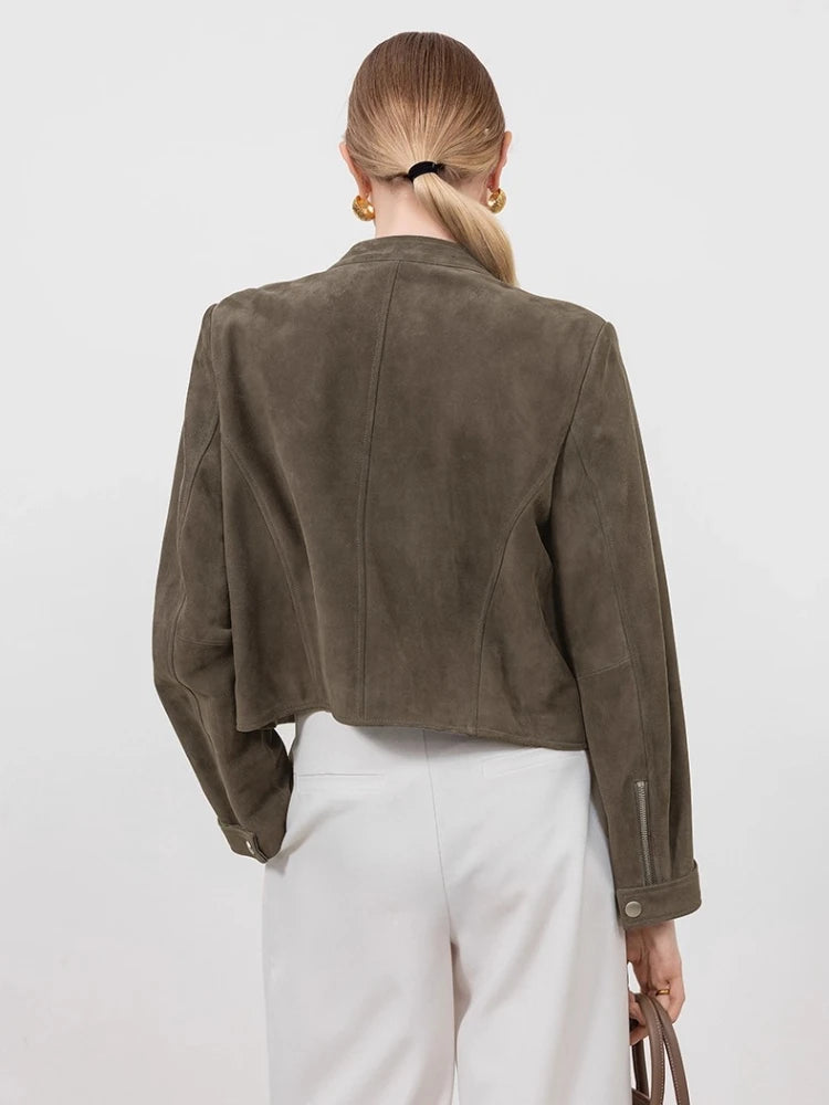 Gray-green suede cropped jacket back view with gathered yoke and long sleeves