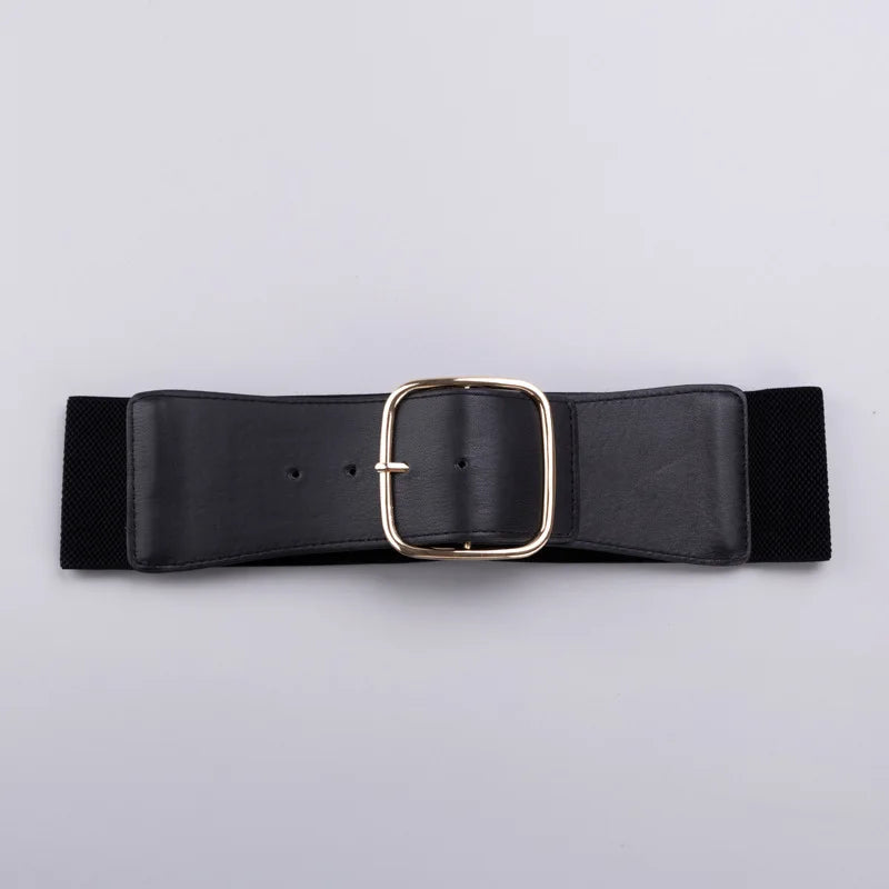 Black corset waist belt with gold buckle and textured elastic back
