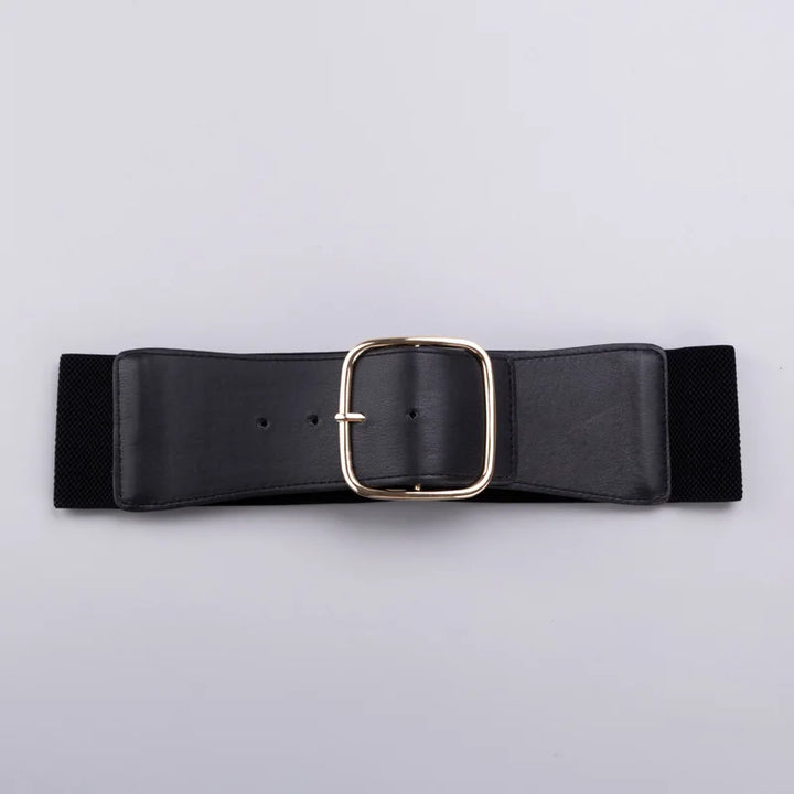 Black corset waist belt with gold buckle and textured elastic back
