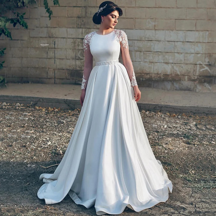 Radiant Satin O-Neck Appliques Bridal Dress