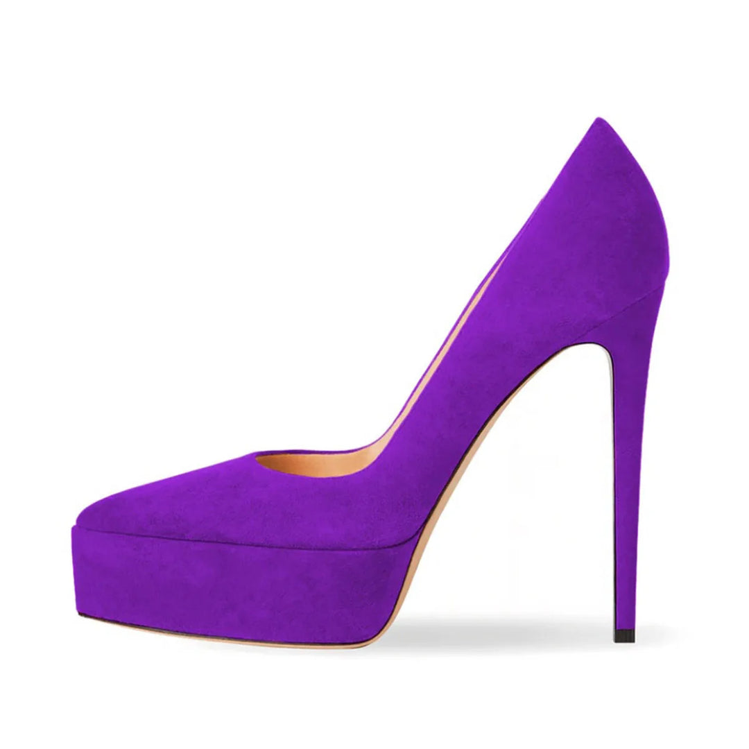 Purple faux suede high heel pumps with platform sole and thin stiletto heel