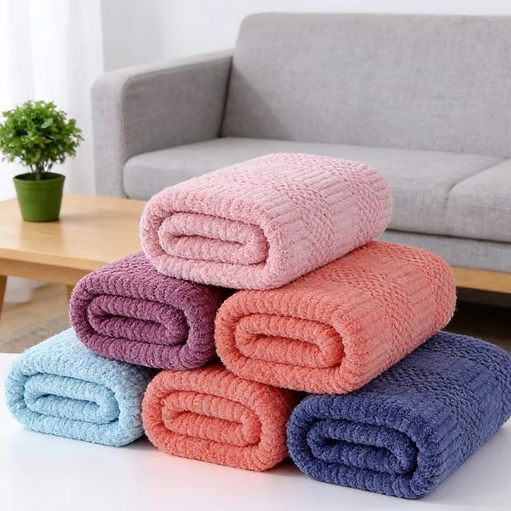 Soft microfiber towel set with grid texture, stacked in multiple colors