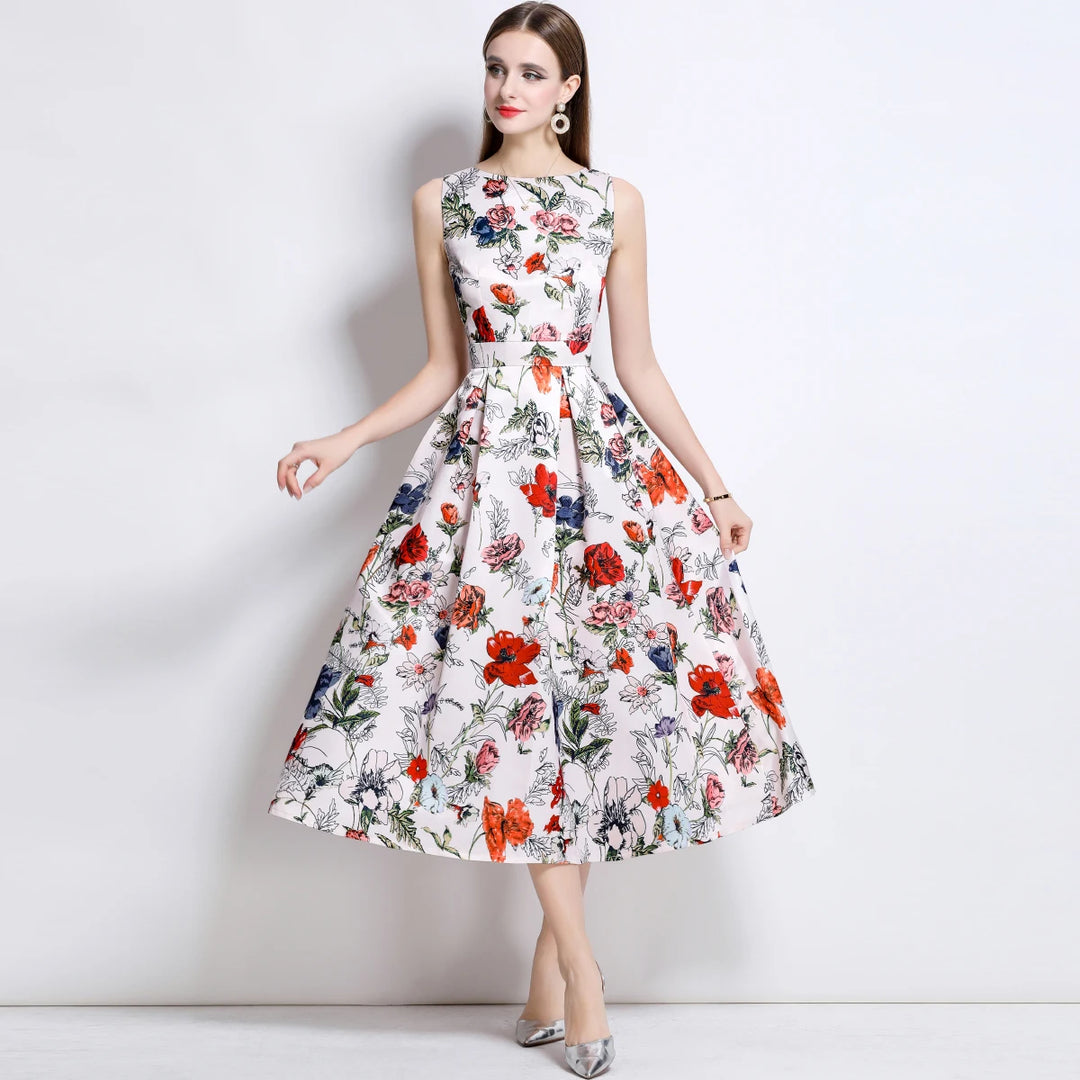 Stylish Floral Print Slim Tank Dress
