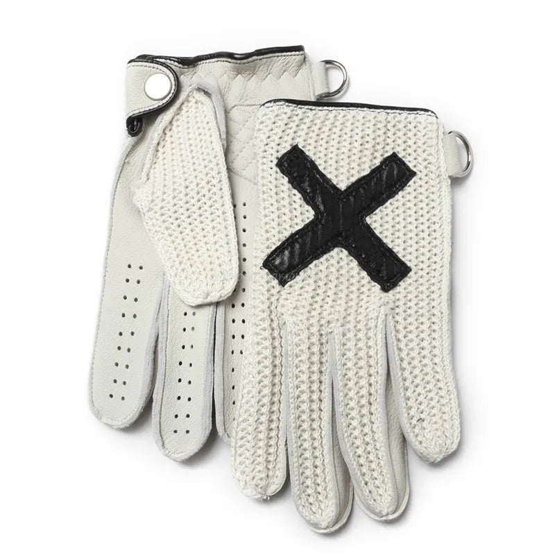 White motorcycle gloves with black X design, knit fingers, leather trim and metal ring closures