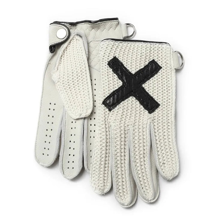 White motorcycle gloves with black X design, knit fingers, leather trim and metal ring closures