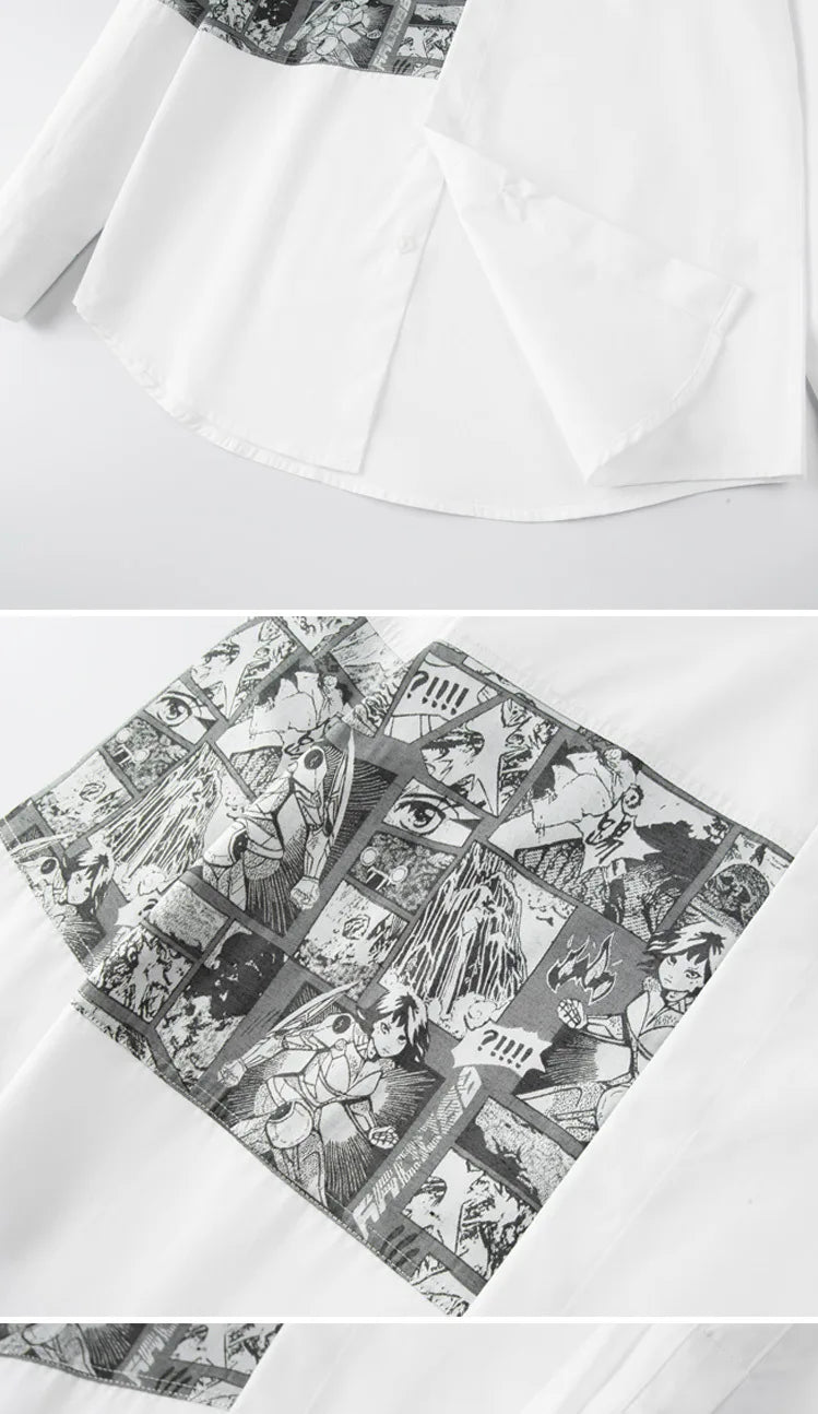 White dress shirt with comic-print chest panel and pleated front detail