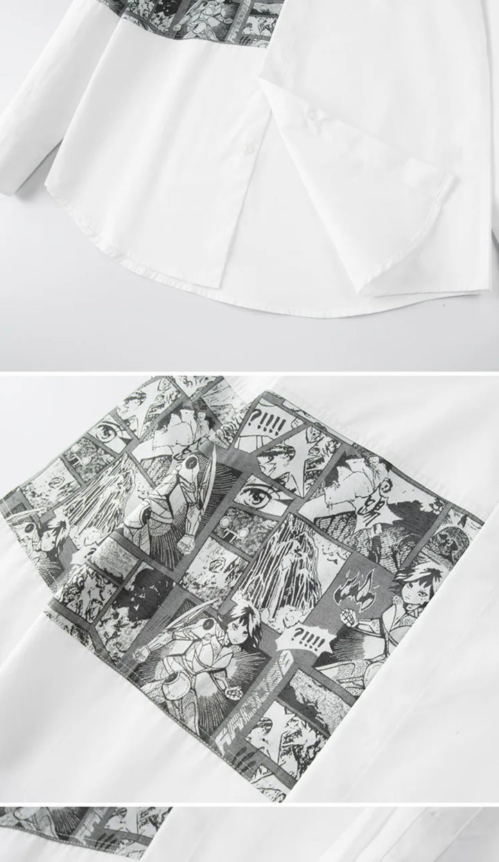 White dress shirt with comic-print chest panel and pleated front detail