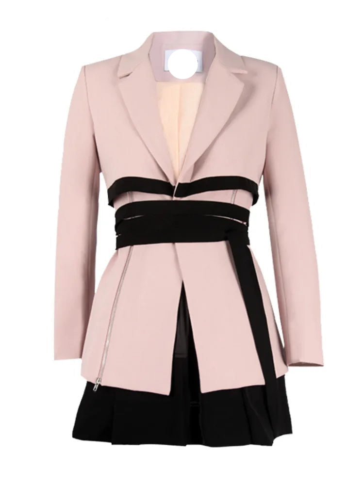 Pink cropped blazer and pleated skirt set with black belt, women’s two-piece suit