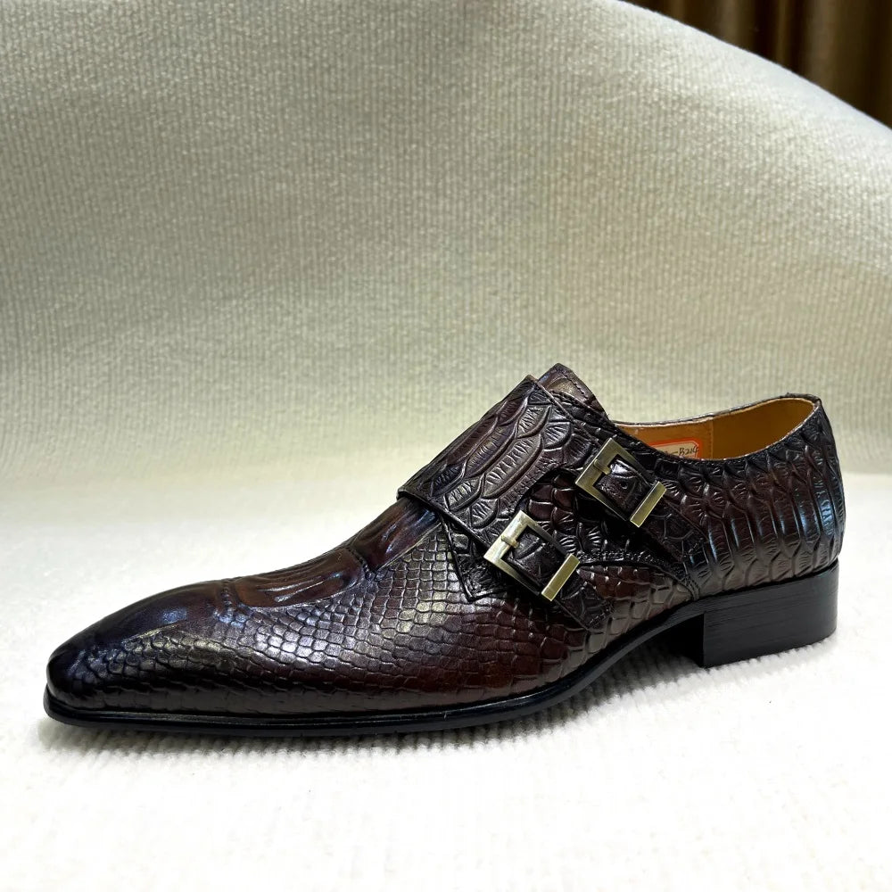 Dark brown snake-print leather oxford dress shoes with double buckle strap