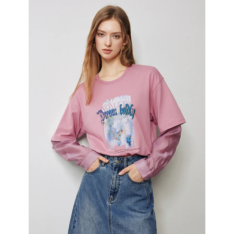 Embroidered Round Neck Loose T-Shirt