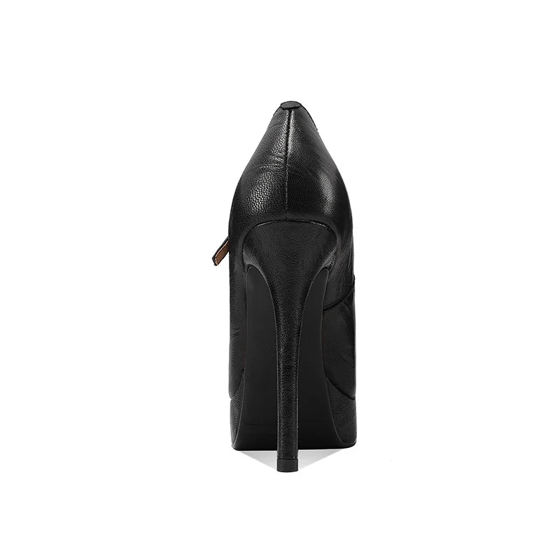 Women’s embossed sheepskin high-heel pumps, black, back view with platform heel