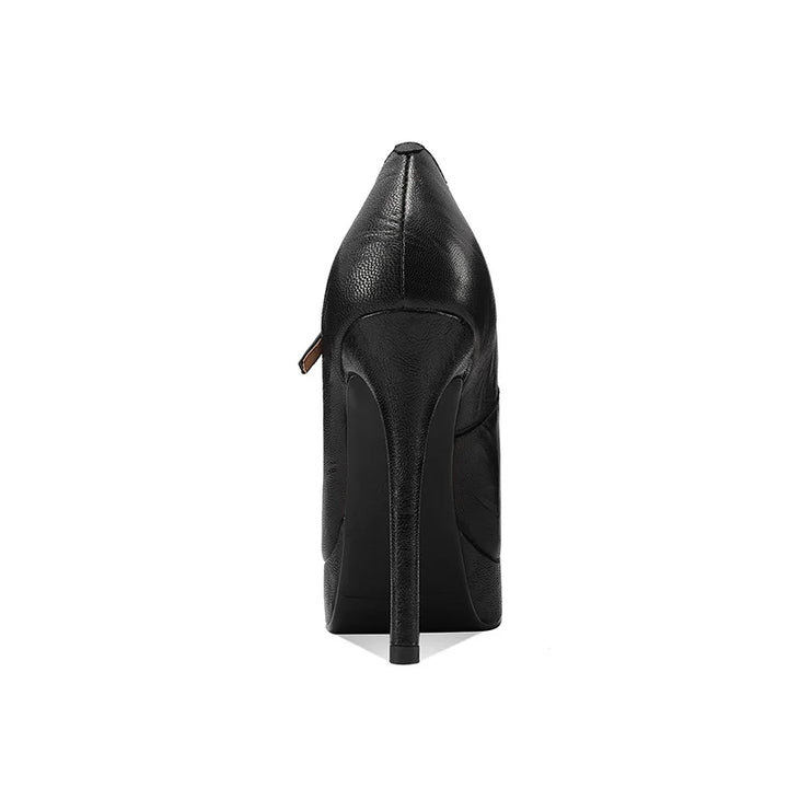 Women’s embossed sheepskin high-heel pumps, black, back view with platform heel