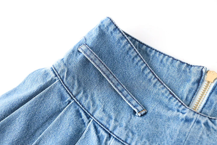 High-Waist Denim Pleated Mini Skirt