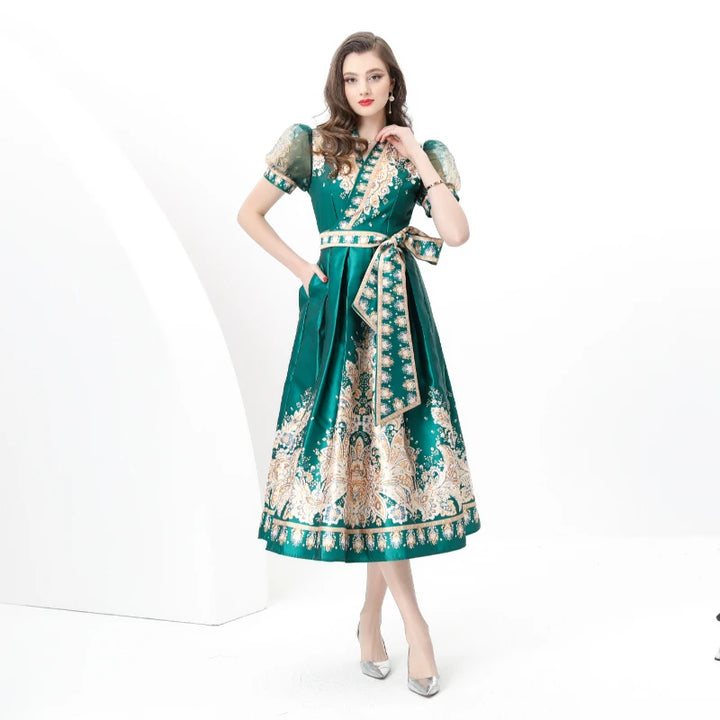 Puff Sleeve Sashes Lace-up Printed Dress