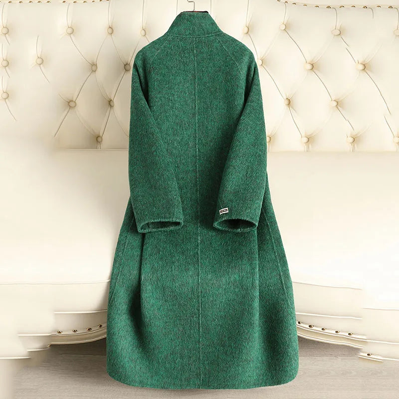 Women’s wool-blend coat, deep green, stand collar, button back, long sleeves