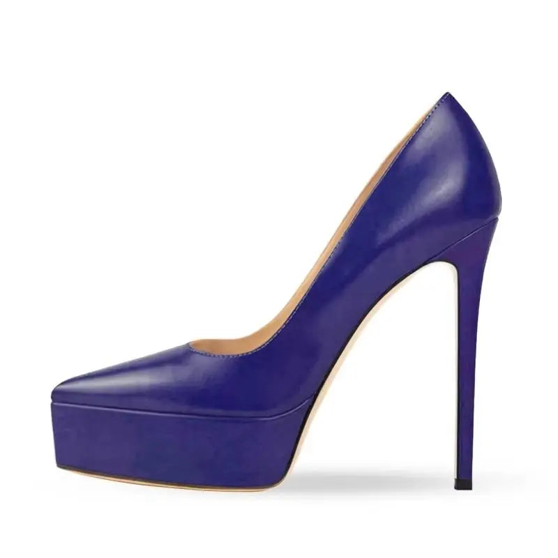 Purple women's high heel platform pumps, slip-on style with pointed toe.