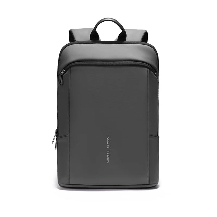 Black ultra-light business backpack with front zipper, side pocket, and top carry handle