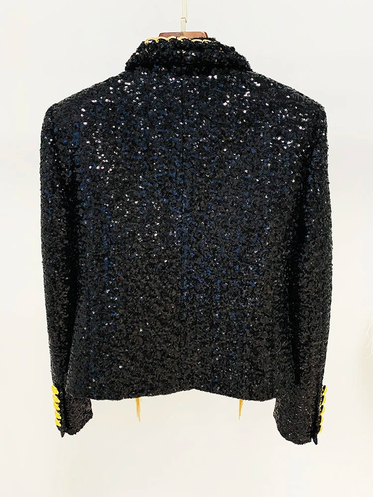 Black sequined open jacket, back view with gold tassel fringe at hem
