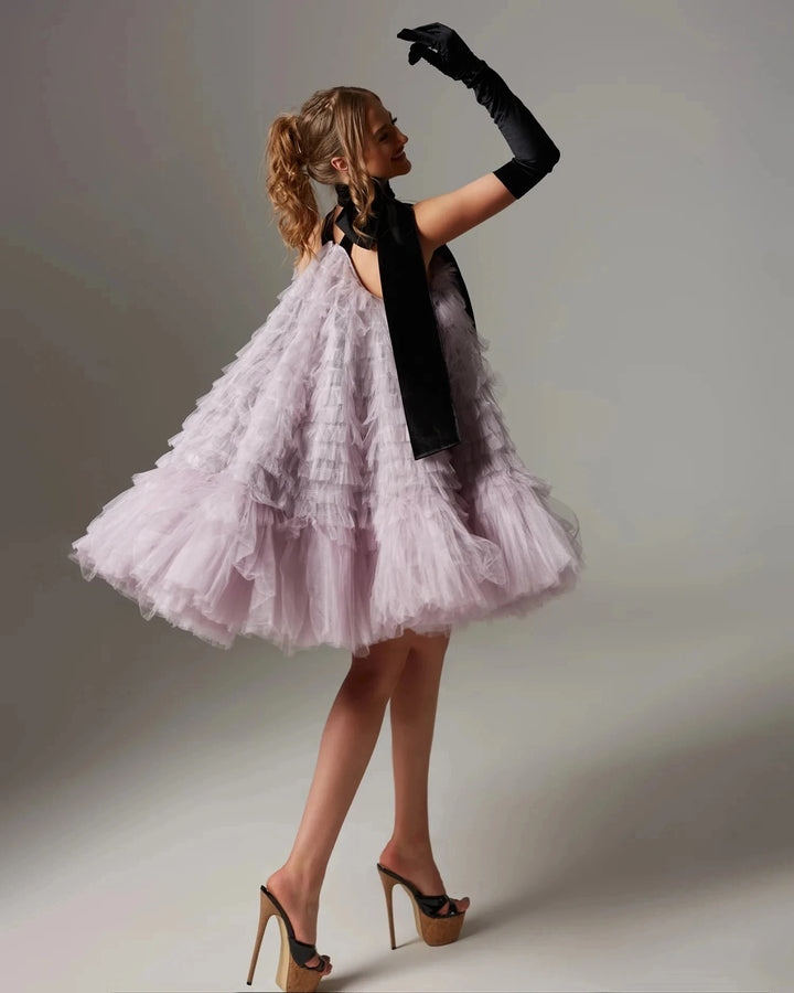 Cute Lilac Tiered Tulle Mini Dress
