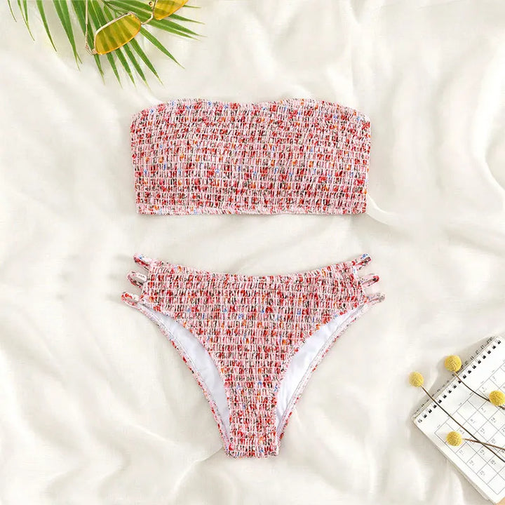 Pink-red floral patterned bandeau bikini set with high-waist briefs