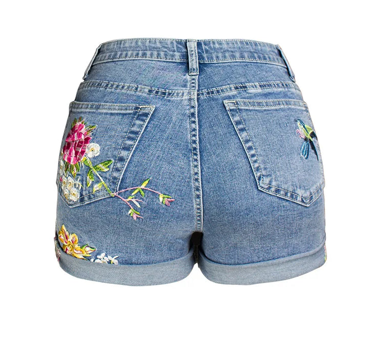 Elegant Flower Embroidery Denim Shorts