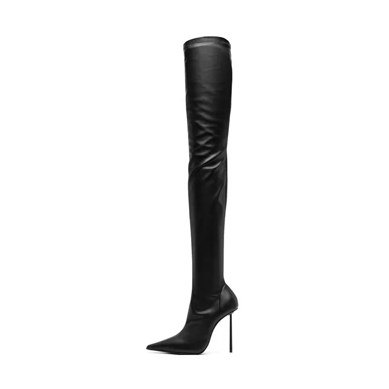 Black over-the-knee heeled boot with pointed toe and stiletto heel, side view