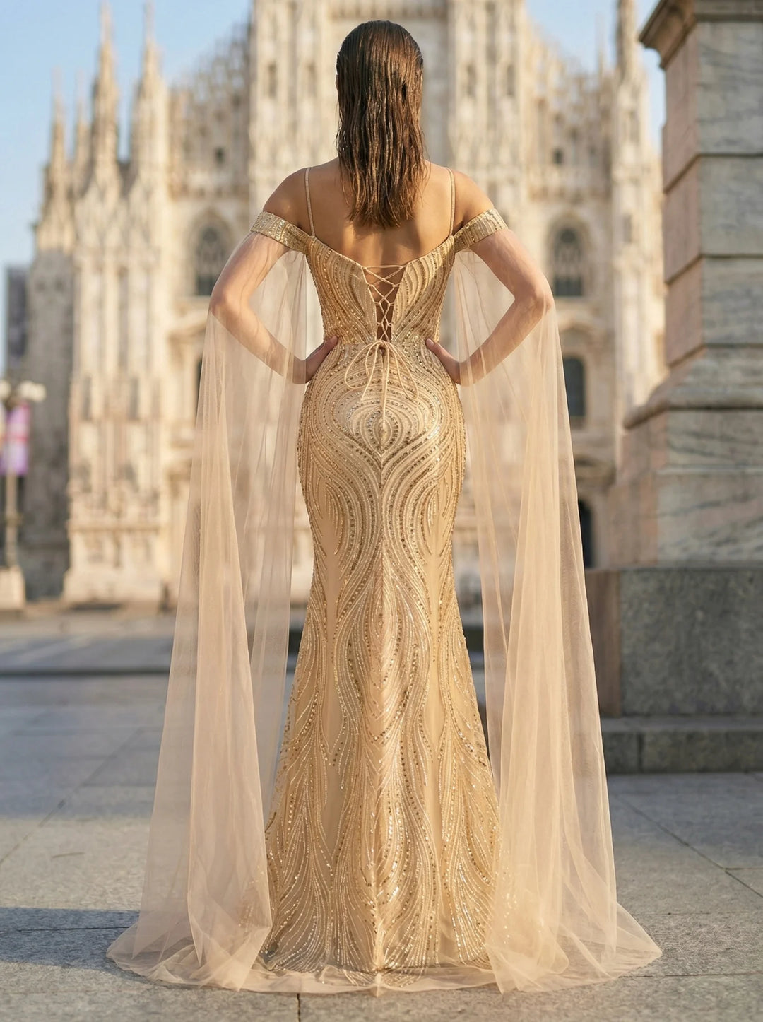 Glamorous Sheer Cape Prom Dress