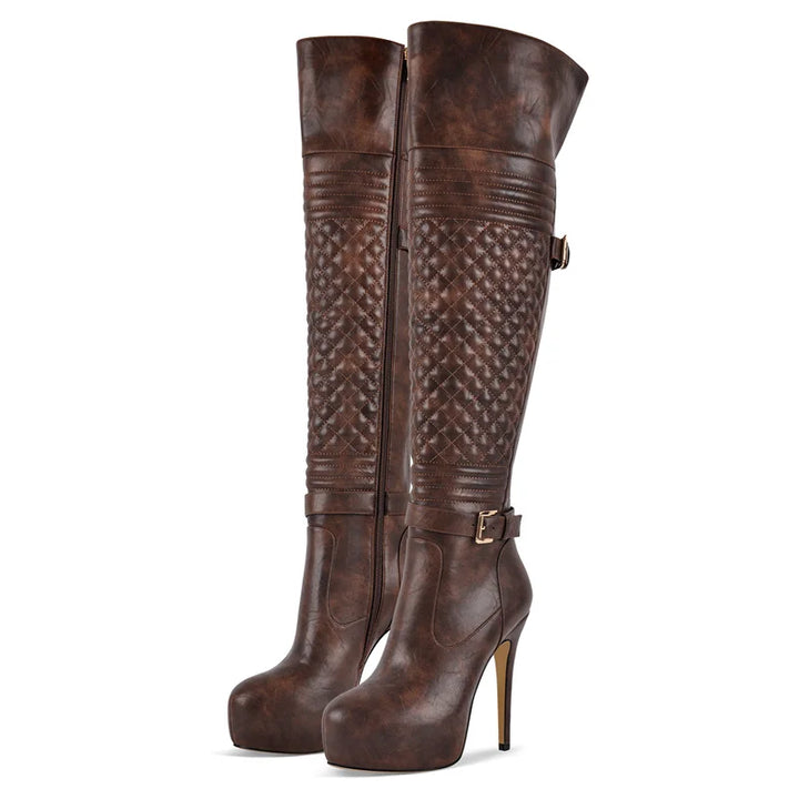 Dark brown over-the-knee boots with quilted shaft, buckled straps, stiletto heel.