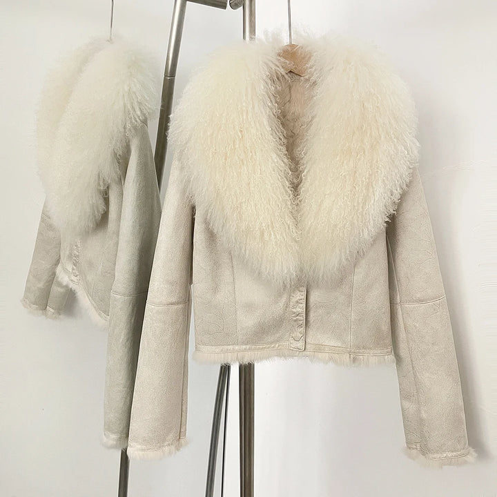 Cream suede wool coat with voluminous white fur collar and white cuff trim