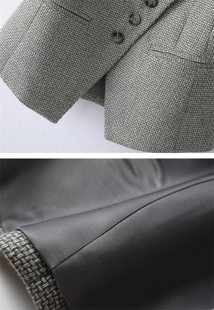 Grey sleeveless waistcoat with button placket and welt pocket opening
