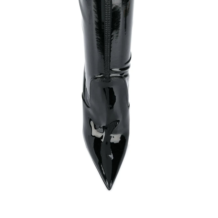 Black patent leather pointed-toe knee boots with skinny stiletto heel