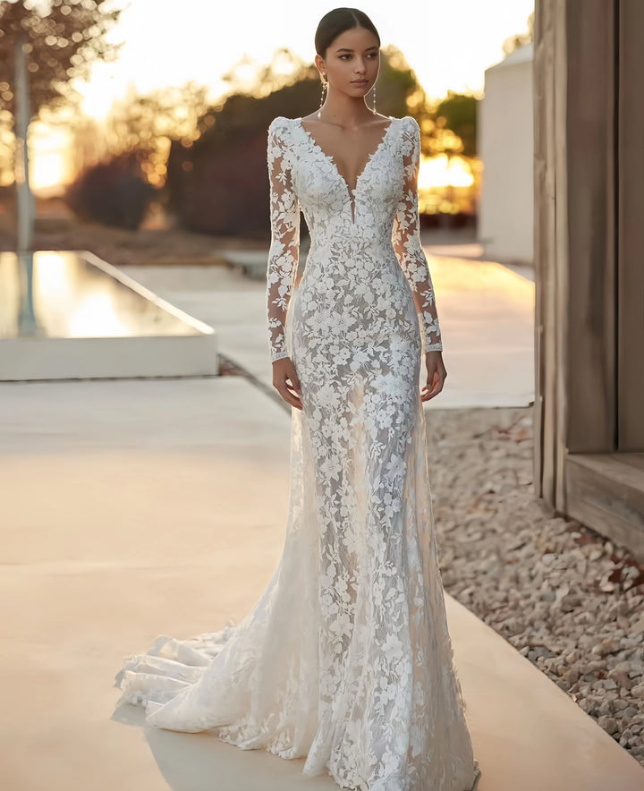 Stylish Semi-transparent long-sleeved Bridal Dress