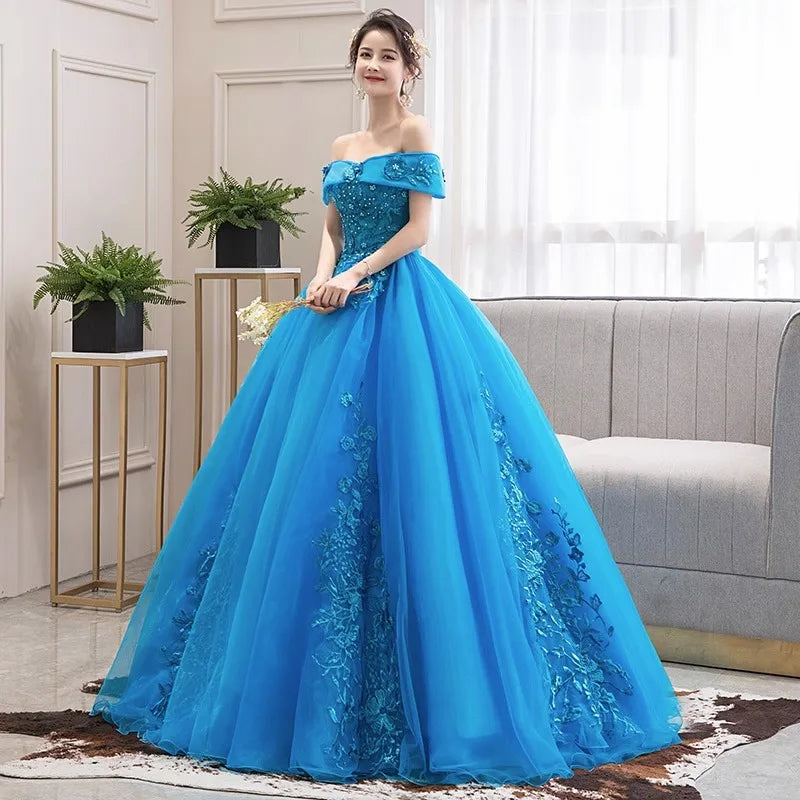 Lake blue one-shoulder party dress with embroidered floral applique tulle skirt