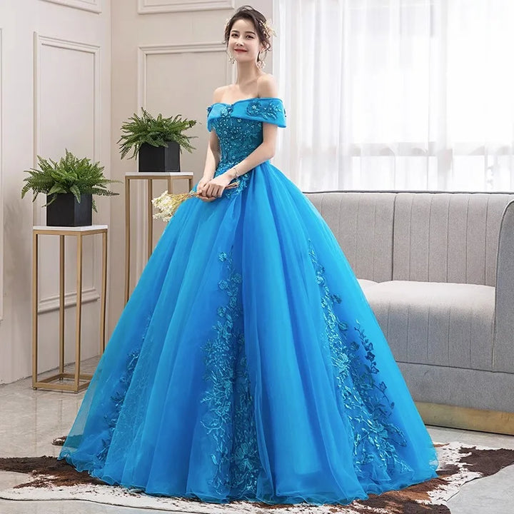 Lake blue one-shoulder party dress with embroidered floral applique tulle skirt