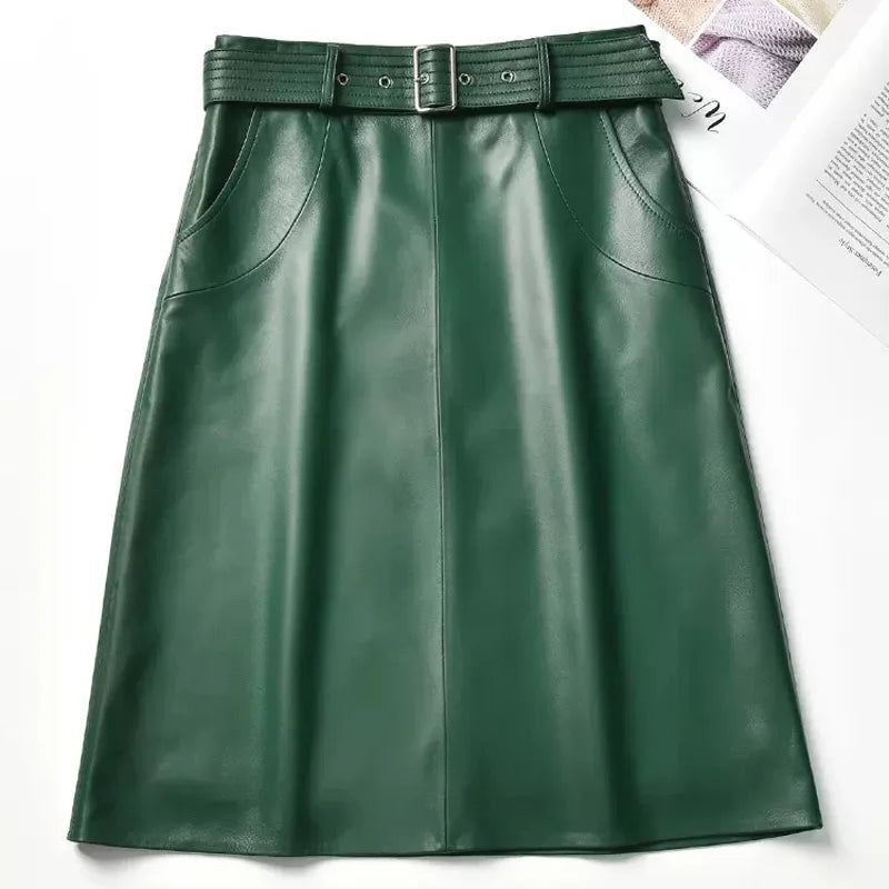 Green leather midi skirt with wide belt waistband and smooth pleat-free front