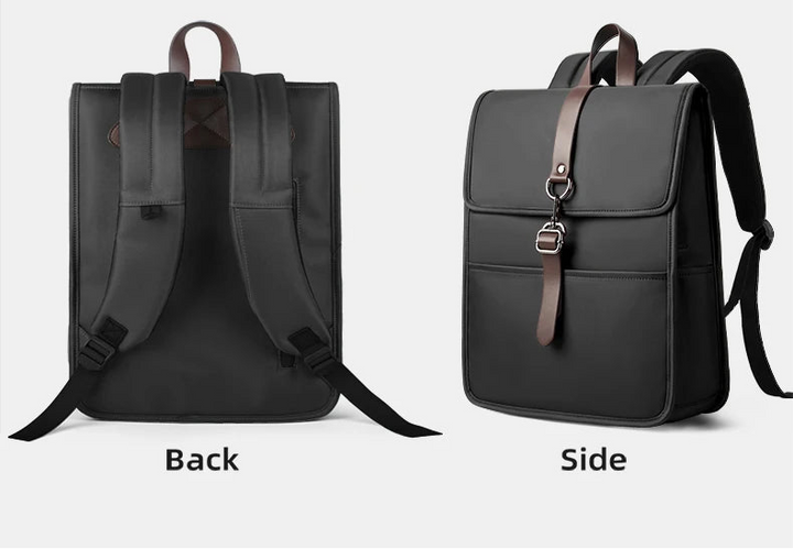 Black waterproof work backpack with front flap and leather-style buckle strap
