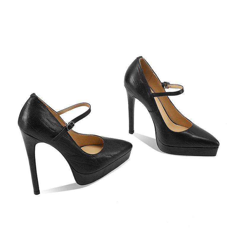 Women’s embossed sheepskin high-heel pumps, black, platform heel, ankle strap buckle