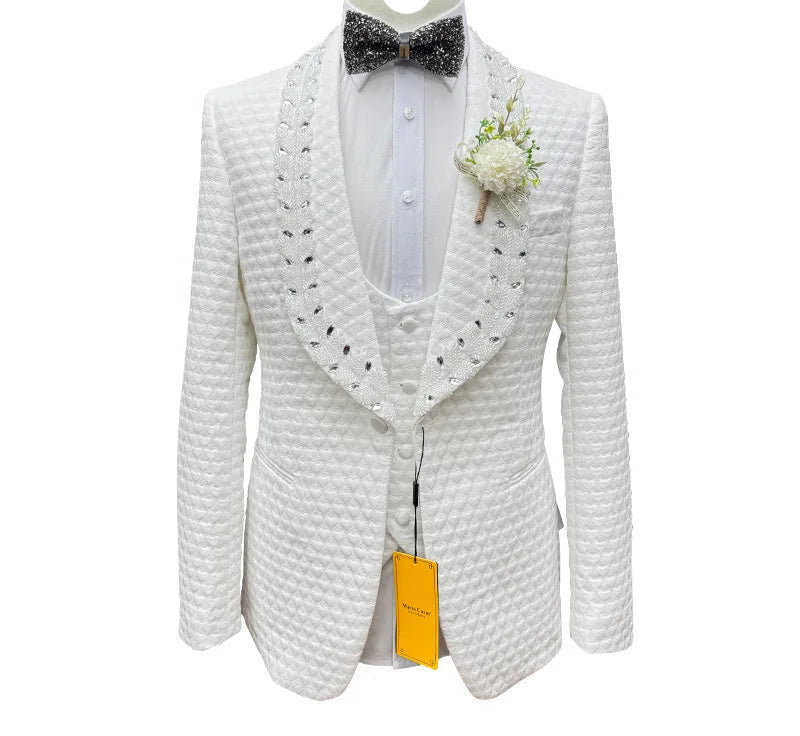 White textured tuxedo jacket with black lapels on a mannequin against a white background.