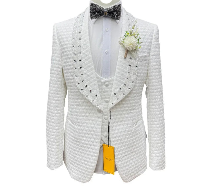 White textured tuxedo jacket with black lapels on a mannequin against a white background.