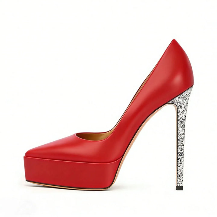 Red matte platform stiletto pumps with silver glitter heel, side view