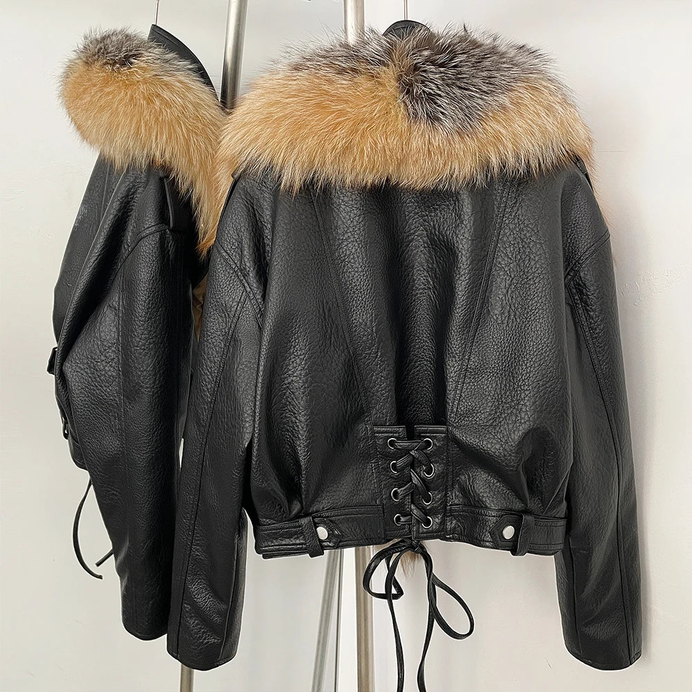 Elegant Real Cropped Fur Biker Coat