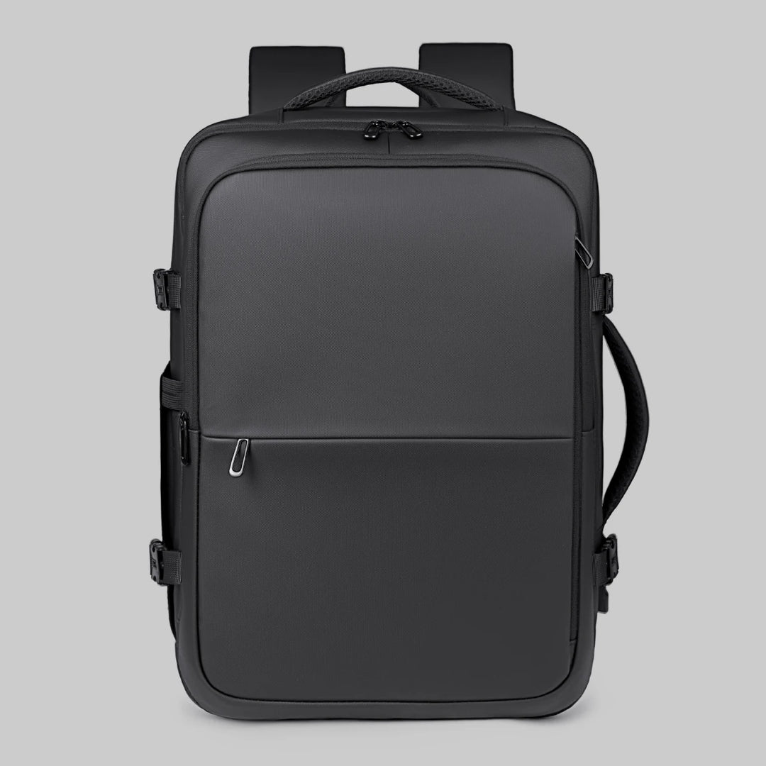 Black front view backpack with dual zipper pulls and vertical seam panel
