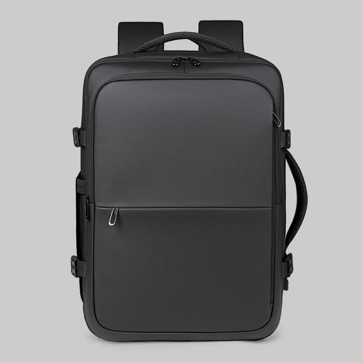 Black front view backpack with dual zipper pulls and vertical seam panel