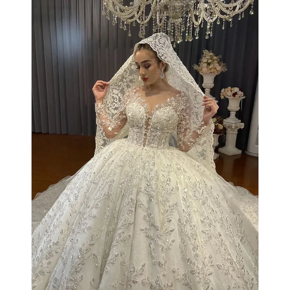 Gorgeous Sequins Appliques Arabic Bridal Gown