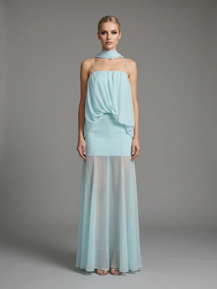 Light blue halter evening dress with ruched bodice and flowing chiffon maxi skirt