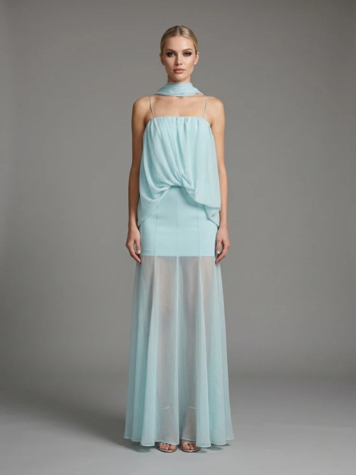 Light blue halter evening dress with ruched bodice and flowing chiffon maxi skirt