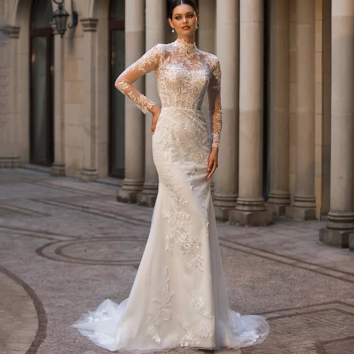 Gorgeous High Neck Applique Illusion Bridal Gown