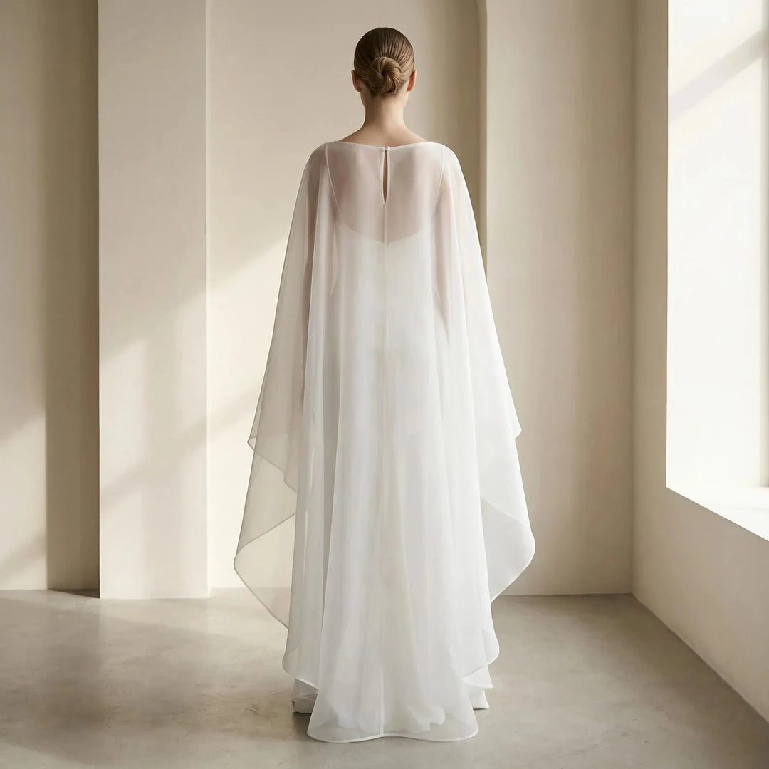 Off-white organza bridal cloak, back view, flowing cape with long drape