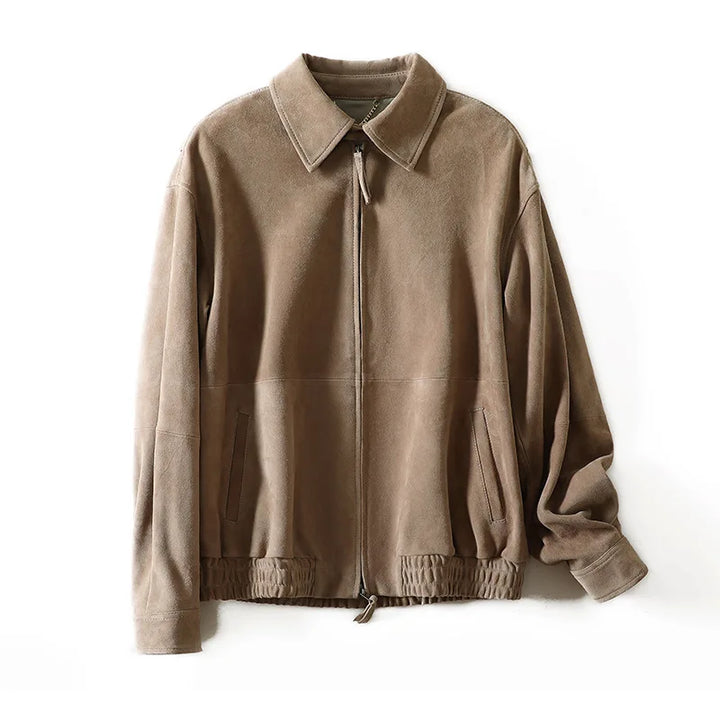 Taupe suede bomber jacket for women with stand collar and front zipper; ribbed trim.